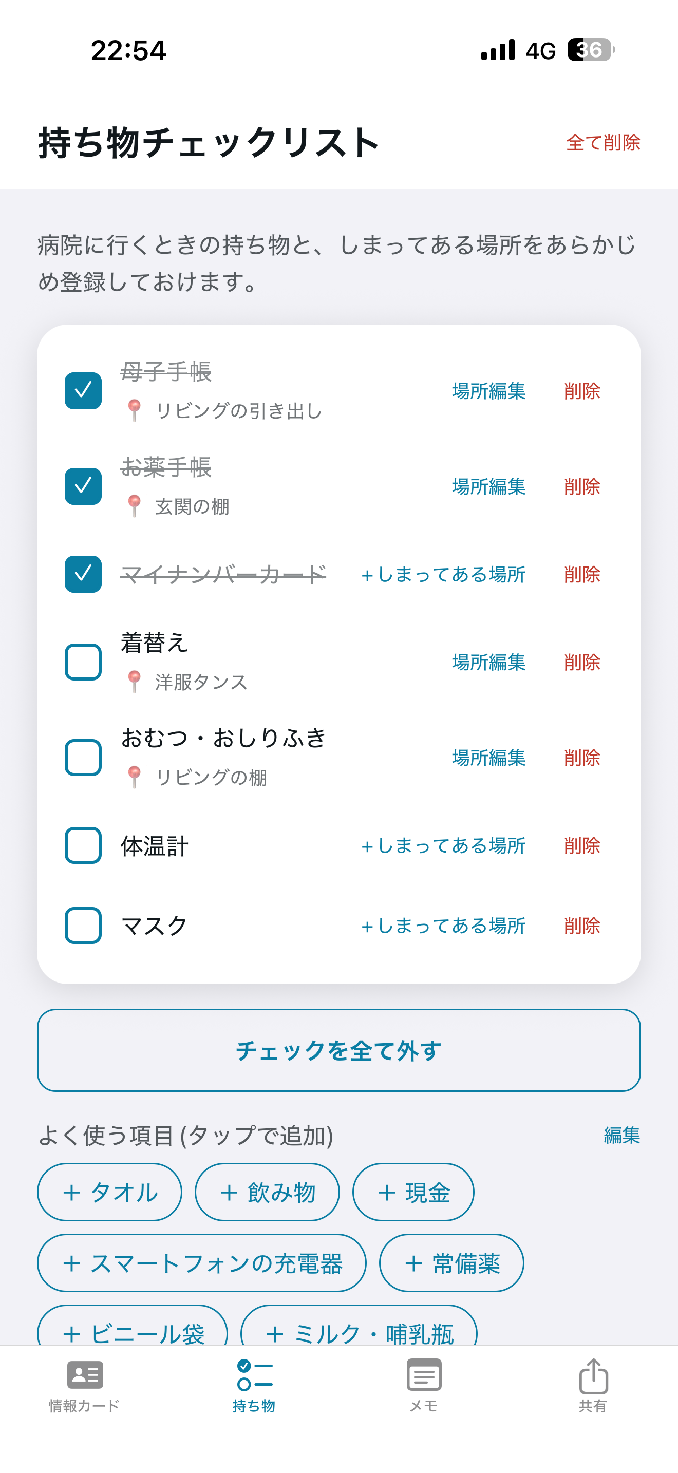 持ち物チェックリスト画面